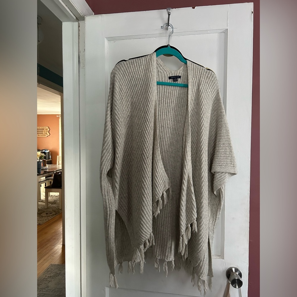 American Eagle Outfitters Open-Front Fringe Knit Poncho - Beige
